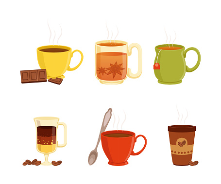 Brewing Aromatic Tea and Coffee Drink in Mug and Cup with Spice and Chocolate Bar Vector Set. Warm Beverage Preparation Concept