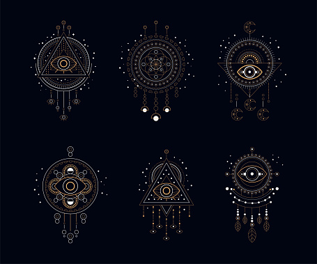 Sacred Geometric Symbols with Eye as Dreamcatcher in Golden Line on Black Background Vector Set. Abstract Mystic Sign Collection