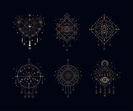 Sacred Geometric Symbols with Eye as Dreamcatcher in Golden Line on Black Background Vector Set. Abstract Mystic Sign Collection