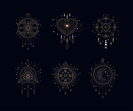 Sacred Geometric Symbols with Eye as Dreamcatcher in Golden Line on Black Background Vector Set. Abstract Mystic Sign Collection