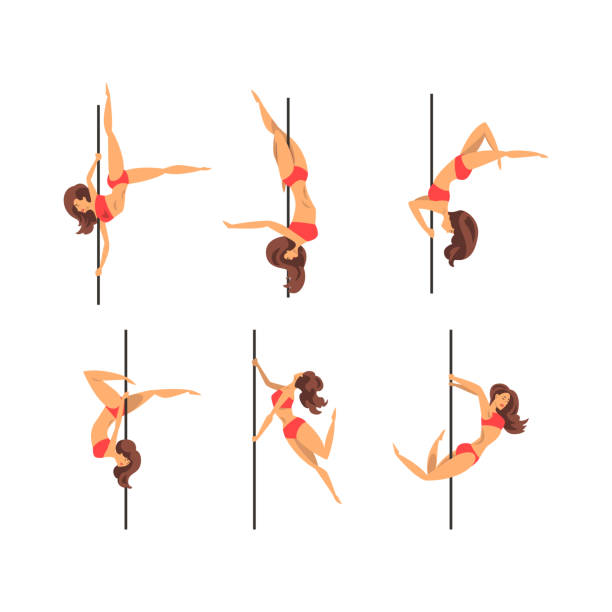 Young Pole Dancer Performing Acrobatics on Vertical Pole Vector Set Young Pole Dancer Performing Acrobatics on Vertical Pole Vector Set. Attractive Female with Slim Body Dancing or Doing Gymnastic Activity in Studio or Gym Concept pole dancing gymnastics poledance brown hair stock illustrations