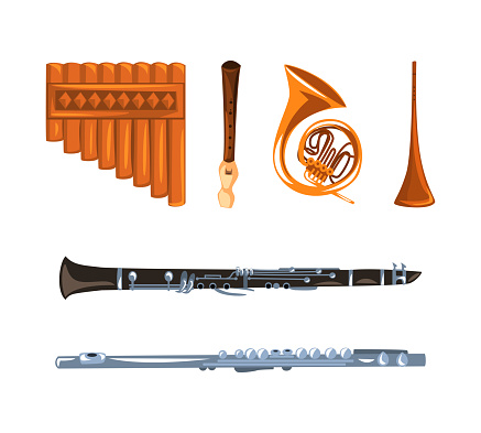 Wind Musical Instruments with Trumpet and Flute Vector Set. Acoustic Tube for Playing Music Blowing into Mouthpiece Concept