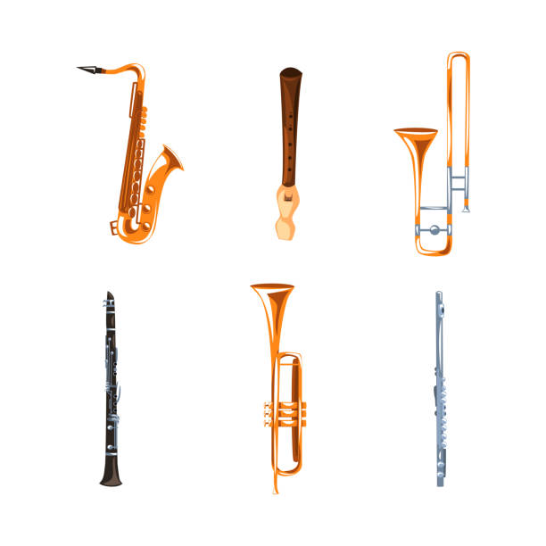 ilustrações de stock, clip art, desenhos animados e ícones de wind musical instruments with tenor saxophone, trombone, trumpet, clarinet and flute vector set - flute solo