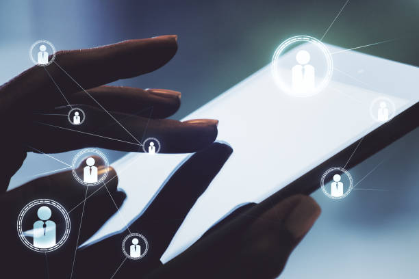 istock Social network media concept with finger presses on a digital tablet on background. Double exposure 1481329030