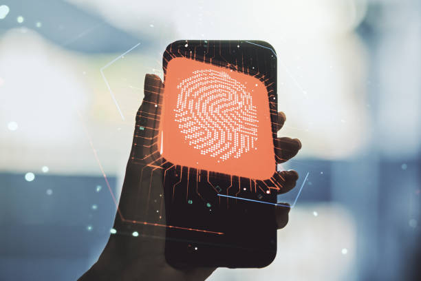 istock Multi exposure of abstract fingerprint scan interface and hand with cellphone on background, digital access concept 1481329613