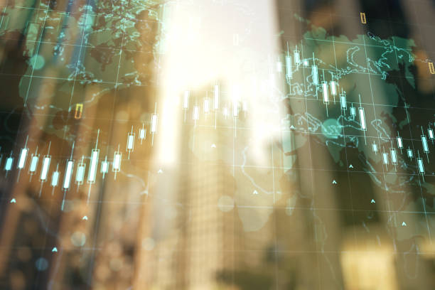 istock Double exposure of abstract financial chart with world map on office buildings background, research and analytics concept 1481330272