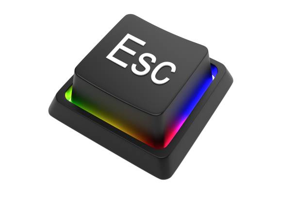 A computer keyboard Escape key lit from beneath by RGB lights - isolated on a plain white background 3D render