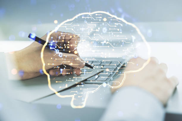 istock Double exposure of creative artificial Intelligence symbol with hand writing in notebook on background with laptop. Neural networks and machine learning concept 1481330658