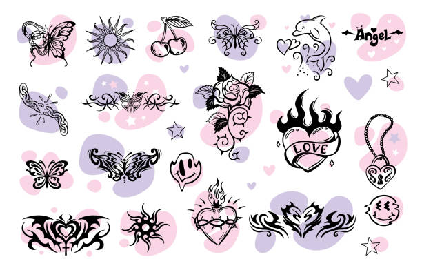 A large set of transferable temporary girl tattoos. Celtic pattern. Emo, goths, heart, style of the 90s. A large set of transferable temporary girl tattoos. Celtic pattern. Emo, goths, heart, style of the 90s. angels tattoos stock illustrations