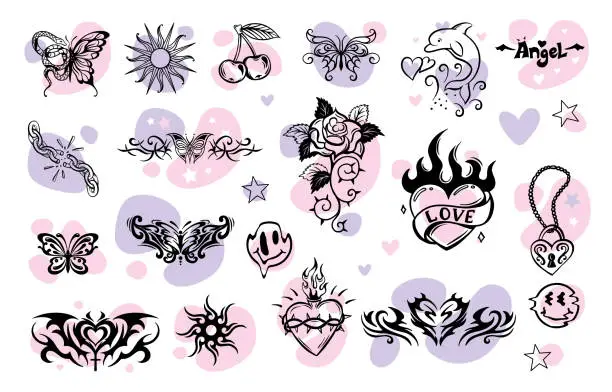 Vector illustration of A large set of transferable temporary girl tattoos. Celtic pattern. Emo, goths, heart, style of the 90s.