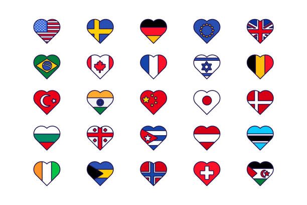 Countries flag in heart shape icon set vector Countries flag in heart shape icon set vector. Usa and france, georgia and swiss, germany and italy, israel and europe union symbol of freedom in love shape flat cartoon illustration national geographic stock illustrations