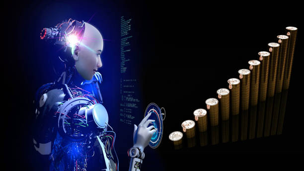 Developing Digital Coin Investments With Artificial Intelligence Robot stock photo