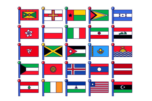 Flag different country icon collection set vector Flag different country icon collection set vector. Libya and liberia, latvia and laos, kyrgyzstan and kuwait national symbol of independence. Territory traditional insignia flat cartoon illustration national geographic stock illustrations
