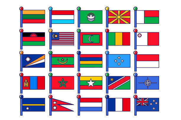 Flagpole Registration Event Flags Collection Set of flags on flagpole for registration of solemn event, meeting foreign guests. Flags of countries on staff collection. Color vector isolated on white background alliance nebraska stock illustrations