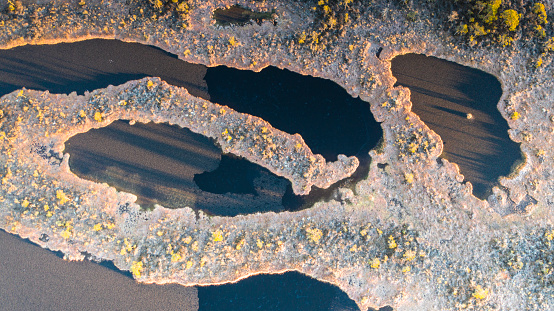 Aerial view to the natural bog lakes with the first ice and night frost in Soomaa NP, Estonia