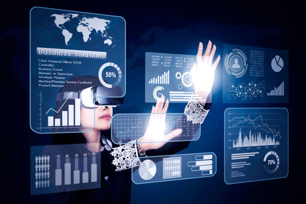 istock Businesswoman using VR futuristic augmented reality touch screen application 1481335917