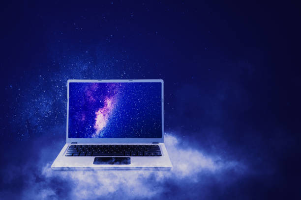 laptop screen with milky way background - milky way galaxy space star imagens e fotografias de stock