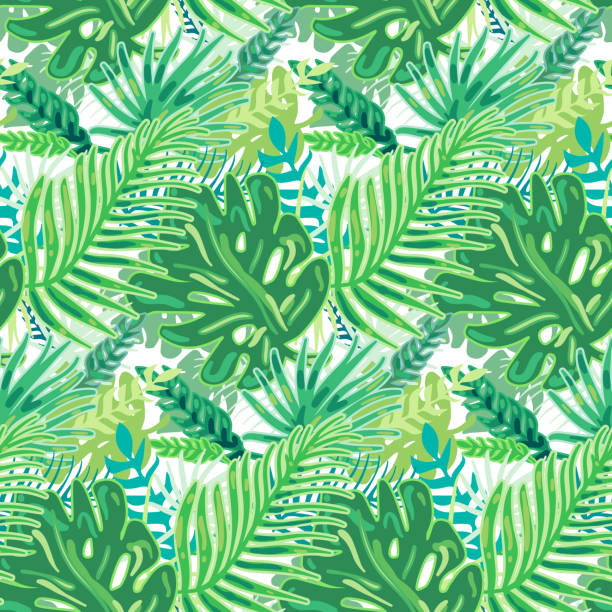 熱帯緑の植物のシームレスなパターン - pattern coconut palm tree frond textile点のイラスト素材／クリップアート素材／マンガ素材／アイコン素材