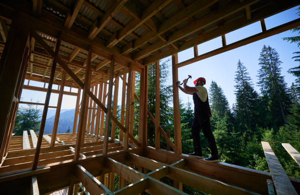 istock Carpenter hammering nail while constructing wooden frame two-story house near the forest. 1481338779