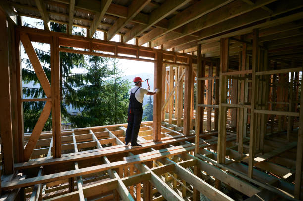 istock Carpenter hammering nail while constructing wooden frame two-story house near the forest. 1481338803
