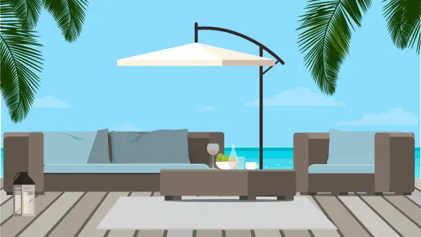 Vector illustration of Beautiful terrace or balcony with small table, chair and flowers. Summer time Idyllic seating in the terrace with drink.