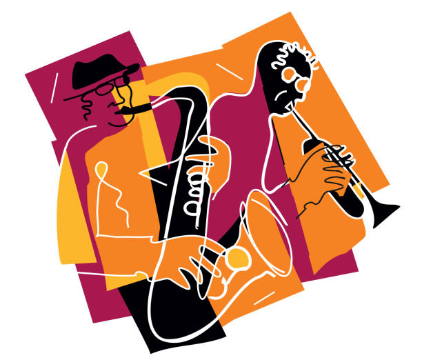 ilustrações, clipart, desenhos animados e ícones de dois jazzistas, tema jazz, trompetista e saxofonista. - estados da costa do golfo