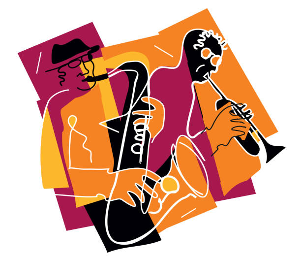 bildbanksillustrationer, clip art samt tecknat material och ikoner med two jazzmen, jazz theme, trumpet player and saxophonist. - gulf coast states