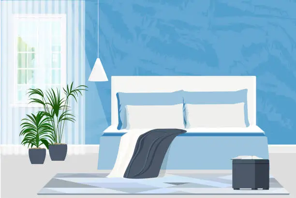 Vector illustration of Sky blue bedroom interior with double bed, plants and an open book on a pouffe.