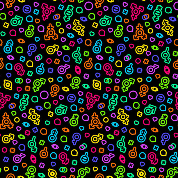 Progressive Sexual Gender Neon Seamless Pattern Neon seamless pattern with traditional and progressive unconventional sexual relations between sexes groups. Ornament for printing on fabric, cover and packaging. Vector isolated on black background alliance nebraska stock illustrations