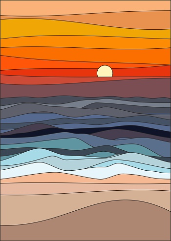 Sunset, sea, sand and sky layout design in oriental style. Japanese background with line wave pattern vector