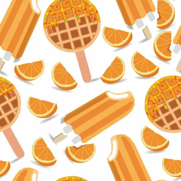 Vector illustration of Ice cream collection seamless pattern. Orange fruit.