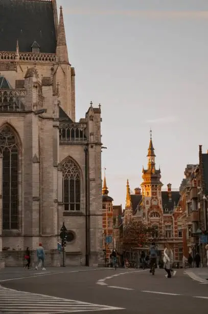 A beautiful view of a street with majestic buildings in Leuven, Belgium.