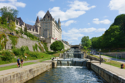 Canada, Ottawa, august 20, 2017: Fairmont hotel Château Laurier located downtown Ottawa, near the Rideau canal lock. It's a popular landmark in the capital city of Canada.