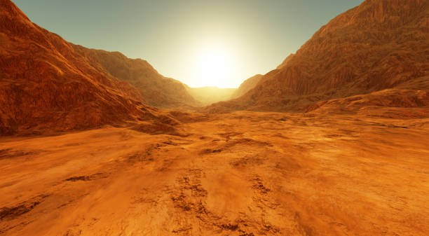 istock Sunset on Mars. Martian landscape, dry river bed on Mars 1481341509