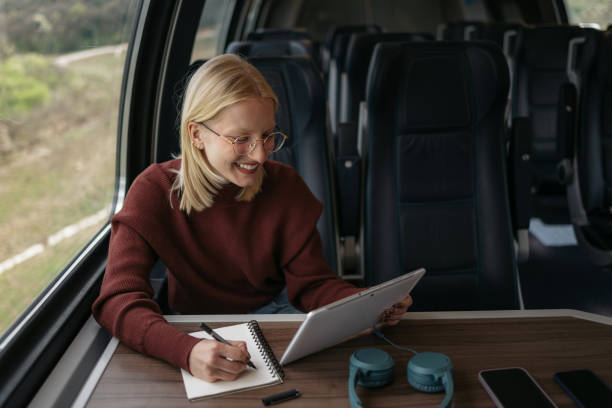 istock Happy female tourist using touchpad while writing her plans in train. 1481341681