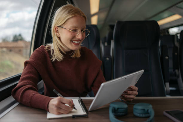 istock Happy female tourist writing while using touchpad in train. 1481341687