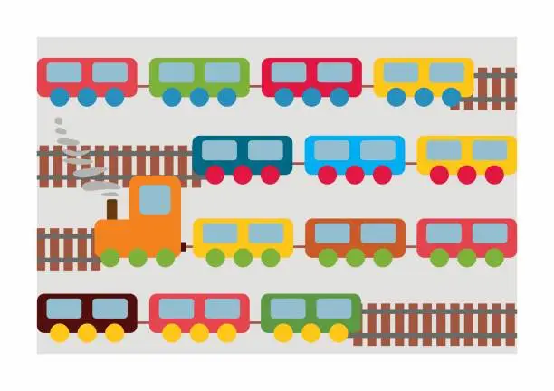 Vector illustration of Train toys pattern. Locomotive for kid. Cartoon wagon, wheels and railway for child. Train isolated on gray background.