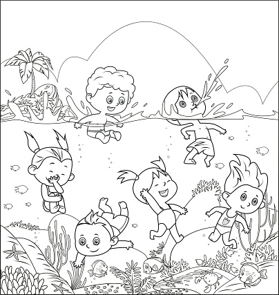 Vector Black And White, Cute kids diving in the sea
