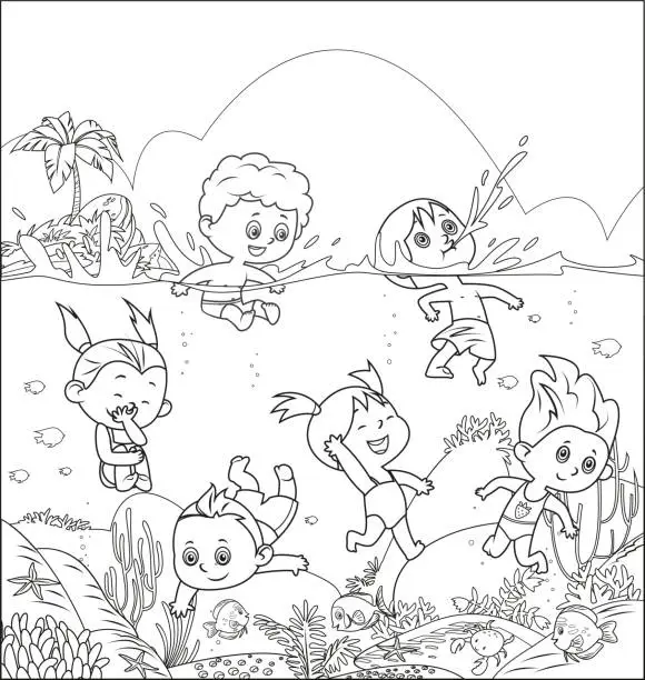 Vector illustration of Black And White, Cute kids diving in the sea