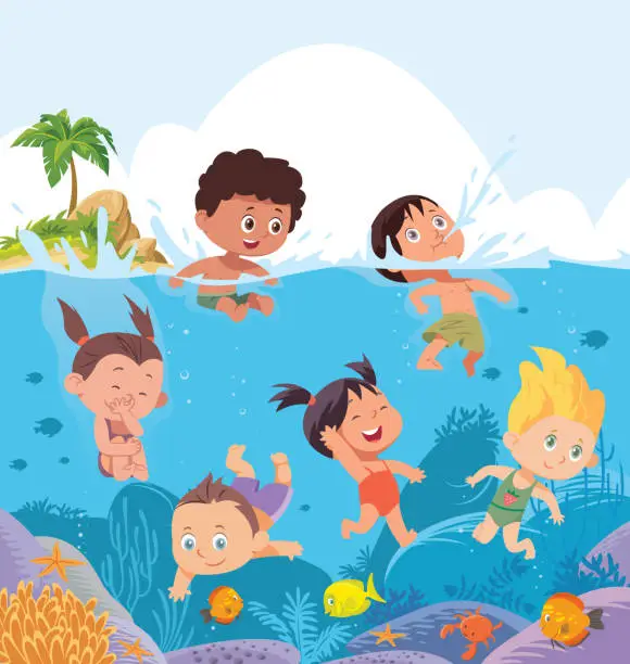 Vector illustration of Happy children are diving into the sea. Young divers watching fish in coral reef.
