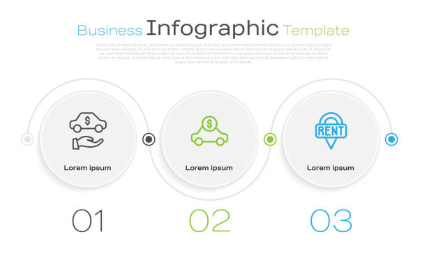 illustrazioni stock, clip art, cartoni animati e icone di tendenza di imposta linea noleggio auto e chiave di posizione. modello di infografica aziendale. vettore - 7650