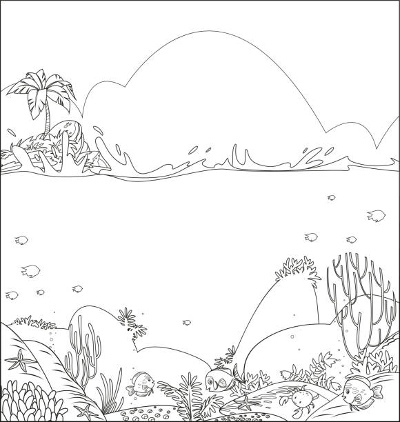podwodna grafika morska czarno-biały szkic - doodle fish sea sketch stock illustrations