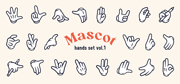 Mascot hand collection volume one. Vector set of twenty two different vintage elements. Cartoon hands of old 1920 to 1950 design style. Creator for vector mascot characters of vintage poster, backgrounds, banners.