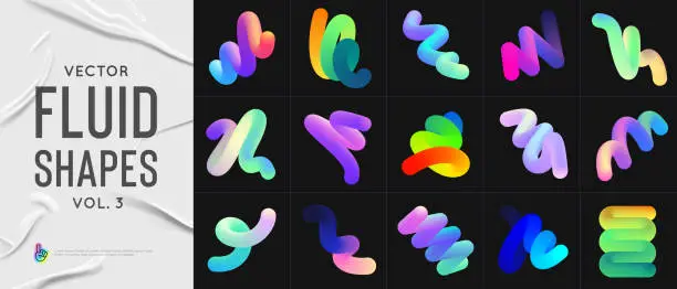 Vector illustration of Liquid color shapes for posters, illustrations or backgrounds.  Trendy vivid colorful gradient elements vol three. Colorful vector forms, vibrant waves, brush blend strokes.