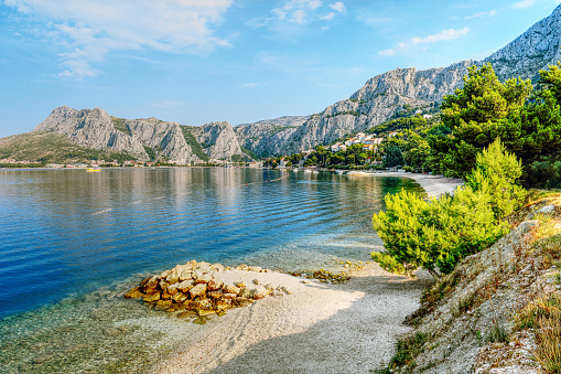 Coastal town of Omis surrounded with mountains in Croatia, Adriatic sea