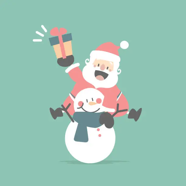 Vector illustration of merry christmas and happy new year with cute santa claus and snowman in the winter season
