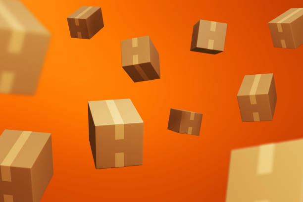 istock Flying cardboard box on orange background 3d illustration 1481346960