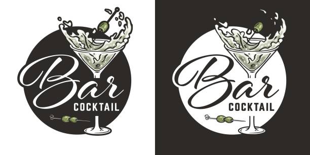 ilustrações de stock, clip art, desenhos animados e ícones de martini vector with olives and splashes for alcohol cocktail bar or drink party - fruit freshness tree foods and drinks