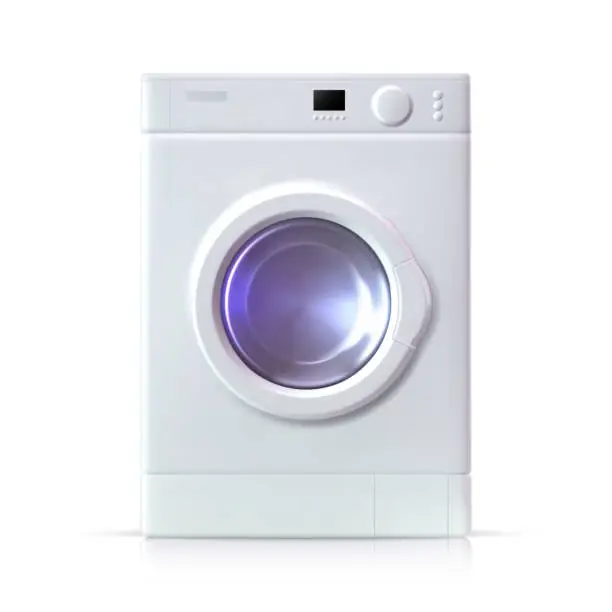 Vector illustration of Realistic white washing machine on a white background. Front view, close-up. 3d realistic vector washer.