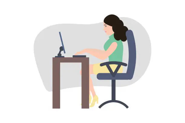 Vector illustration of Busy Young Woman Sitting at the Desk and Using PC. Typing Text on Keyboard. Office Manager for Business Infographics. Vector Illustration in Cartoon Style